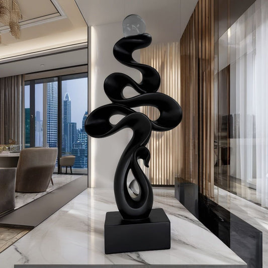 Modern Matte Black Abstract Ribbon Tabletop Sculpture with Clear Glass Orb – Contemporary Minimalist Geometric Statue for Luxury Home and Office Decor