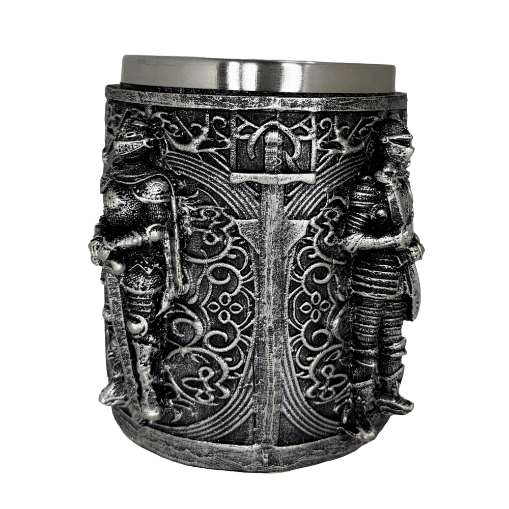 Medieval Knight Embossed Tankard – Gothic Stainless Steel Stein for Fantasy Enthusiasts