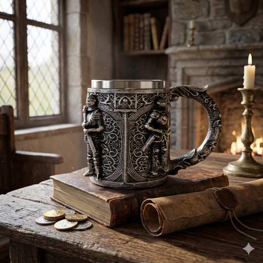 Medieval Knight Embossed Tankard – Gothic Stainless Steel Stein for Fantasy Enthusiasts