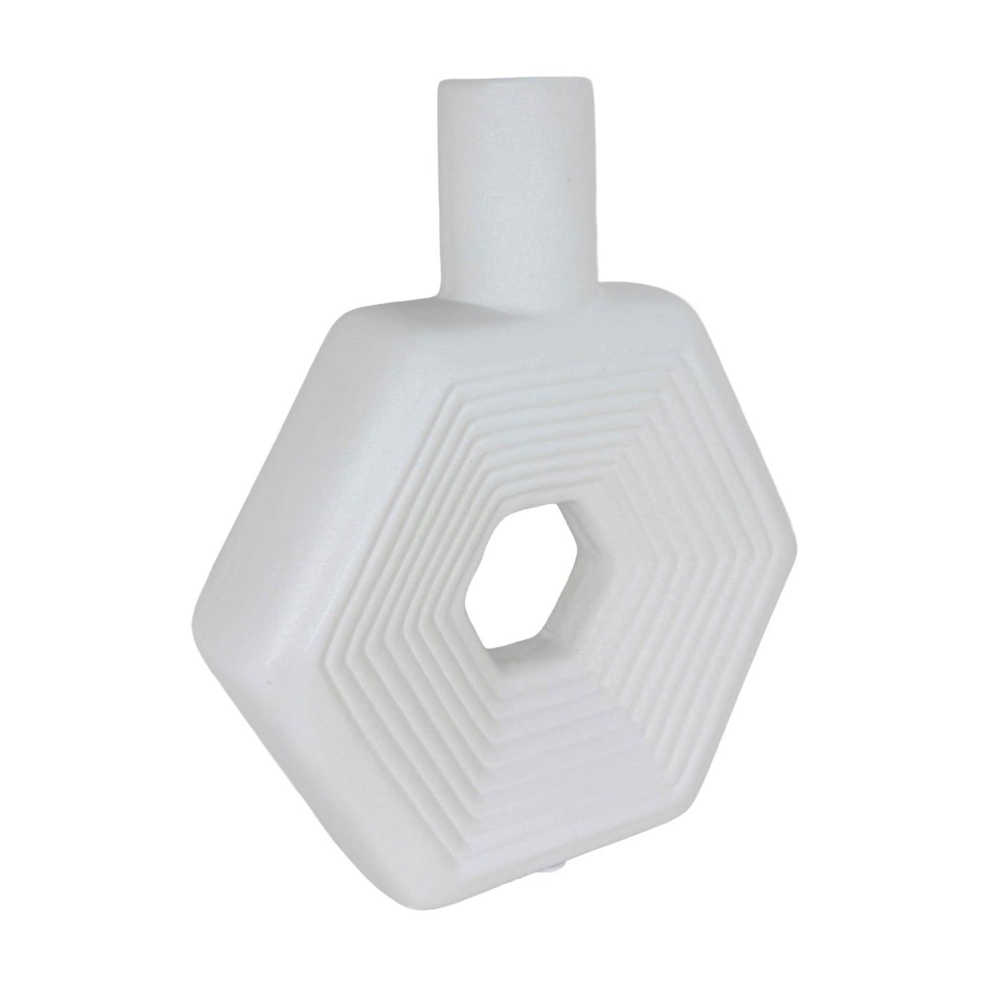 Modern Hexagonal Matte White Ceramic Vase – Geometric Tabletop Decor