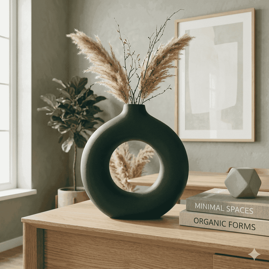 Modern Minimalist Ring Vase – Matte Forest Green Ceramic Sculpture