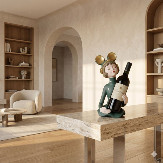 Whimsical Cartoon Girl with Headphones Tabletop Wine Bottle Holder – Decorative Resin Character Statue and Single Bottle Wine Display Cradle for Home Bar and Kitchen