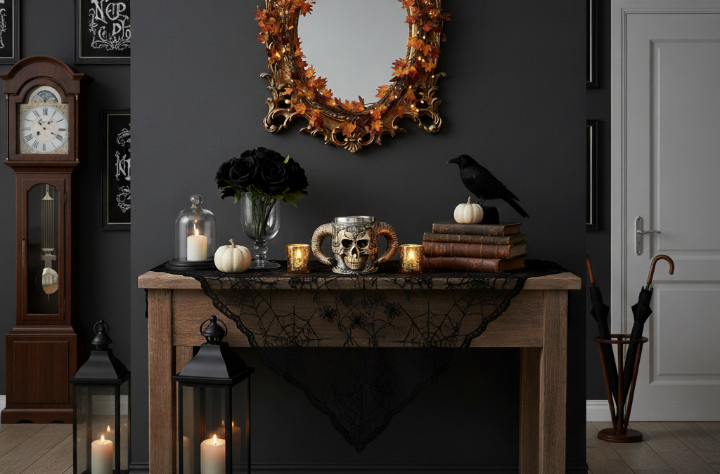Halloween-themed fireplace with candles, pumpkins, and decorative items against a dark wall.