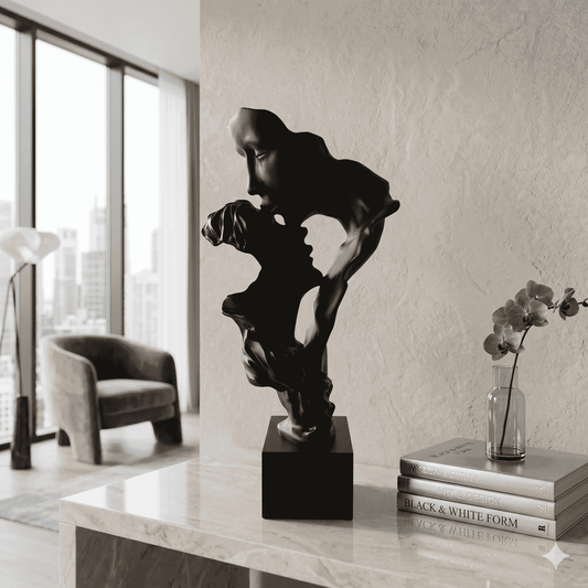 Abstract Kissing Couple Statue – Matte Black Romantic Lovers Sculpture