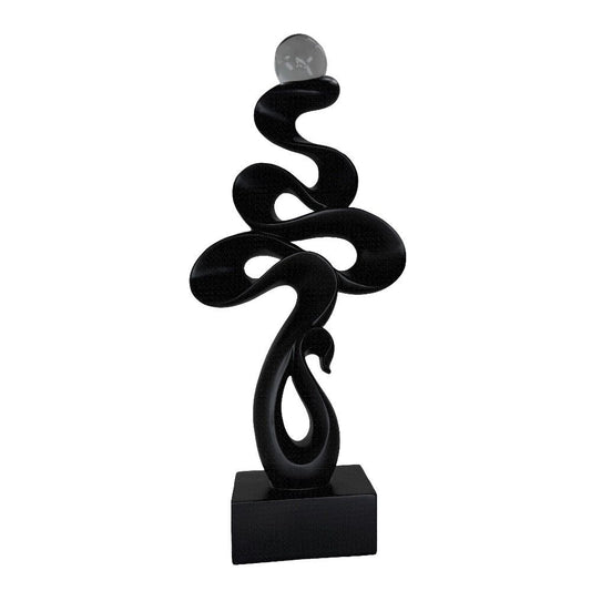 Modern Matte Black Abstract Ribbon Tabletop Sculpture with Clear Glass Orb – Contemporary Minimalist Geometric Statue for Luxury Home and Office Decor