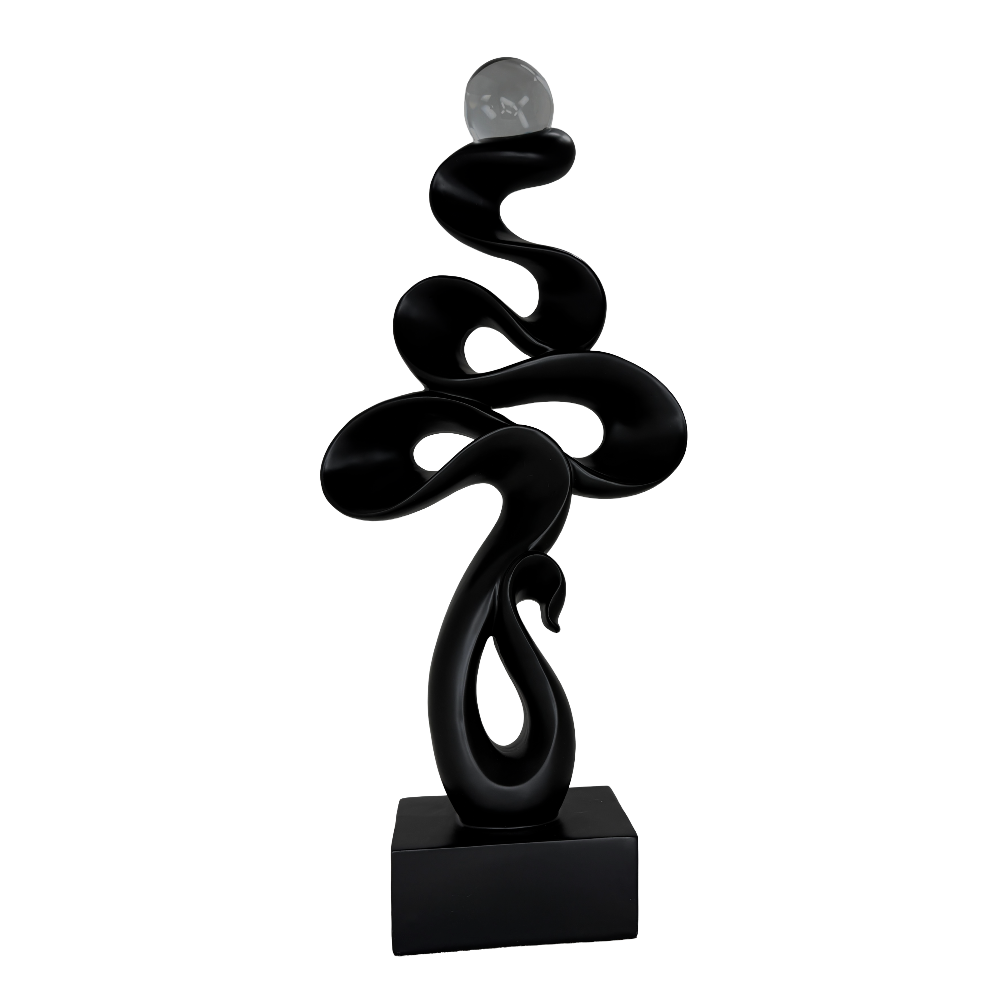 Modern Matte Black Abstract Ribbon Tabletop Sculpture with Clear Glass Orb – Contemporary Minimalist Geometric Statue for Luxury Home and Office Decor