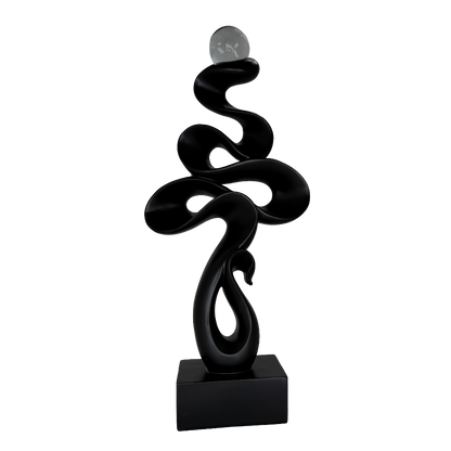 Modern Matte Black Abstract Ribbon Tabletop Sculpture with Clear Glass Orb – Contemporary Minimalist Geometric Statue for Luxury Home and Office Decor