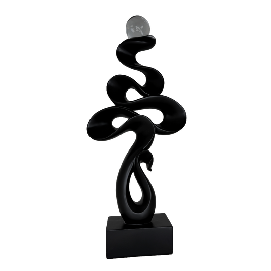 Modern Matte Black Abstract Ribbon Tabletop Sculpture with Clear Glass Orb – Contemporary Minimalist Geometric Statue for Luxury Home and Office Decor