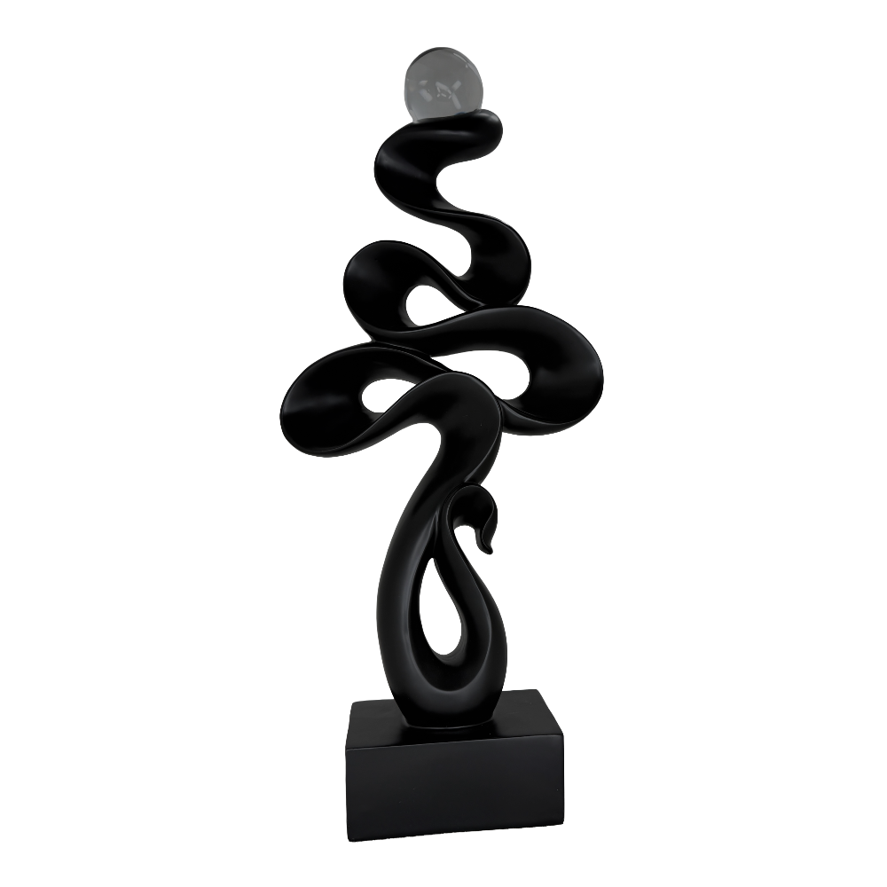 Modern Matte Black Abstract Ribbon Tabletop Sculpture with Clear Glass Orb – Contemporary Minimalist Geometric Statue for Luxury Home and Office Decor