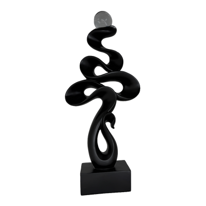Modern Matte Black Abstract Ribbon Tabletop Sculpture with Clear Glass Orb – Contemporary Minimalist Geometric Statue for Luxury Home and Office Decor
