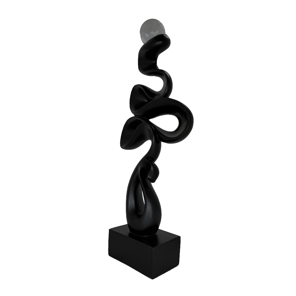 Modern Matte Black Abstract Ribbon Tabletop Sculpture with Clear Glass Orb – Contemporary Minimalist Geometric Statue for Luxury Home and Office Decor