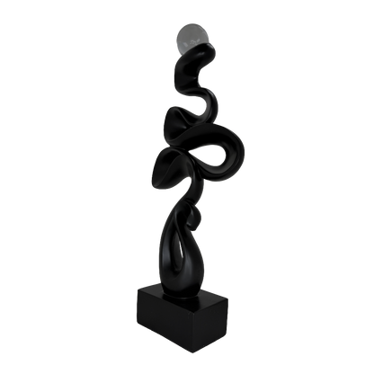 Modern Matte Black Abstract Ribbon Tabletop Sculpture with Clear Glass Orb – Contemporary Minimalist Geometric Statue for Luxury Home and Office Decor
