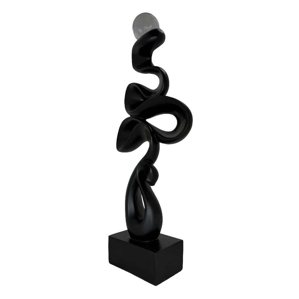 Modern Matte Black Abstract Ribbon Tabletop Sculpture with Clear Glass Orb – Contemporary Minimalist Geometric Statue for Luxury Home and Office Decor
