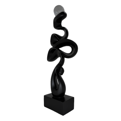 Modern Matte Black Abstract Ribbon Tabletop Sculpture with Clear Glass Orb – Contemporary Minimalist Geometric Statue for Luxury Home and Office Decor