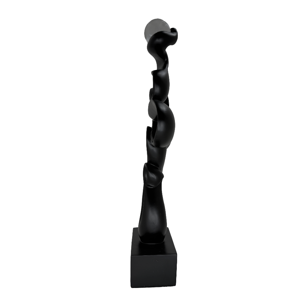 Modern Matte Black Abstract Ribbon Tabletop Sculpture with Clear Glass Orb – Contemporary Minimalist Geometric Statue for Luxury Home and Office Decor