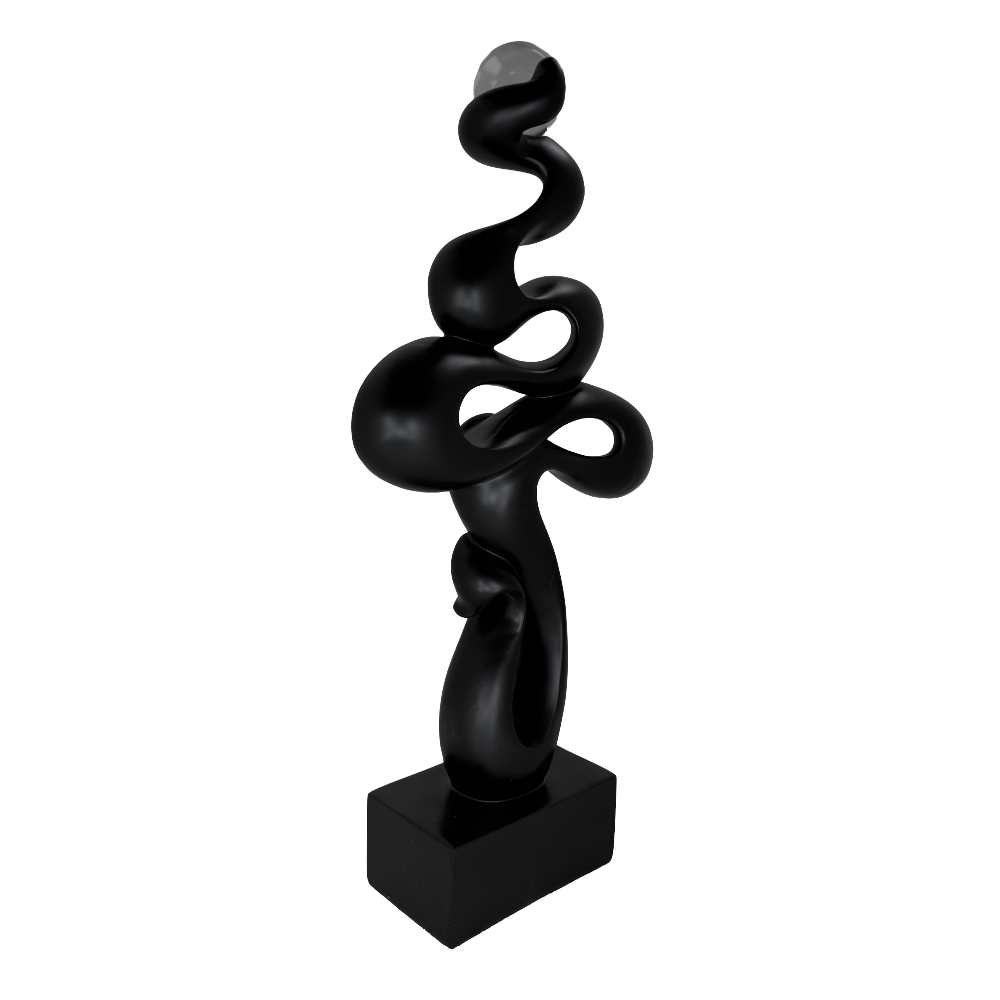 Modern Matte Black Abstract Ribbon Tabletop Sculpture with Clear Glass Orb – Contemporary Minimalist Geometric Statue for Luxury Home and Office Decor