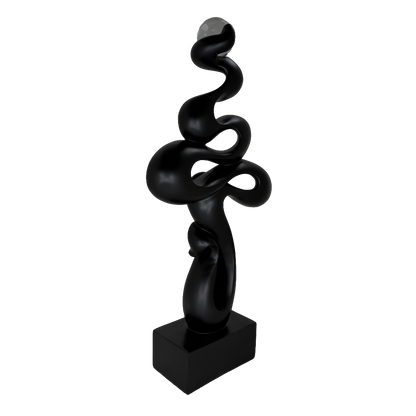 Modern Matte Black Abstract Ribbon Tabletop Sculpture with Clear Glass Orb – Contemporary Minimalist Geometric Statue for Luxury Home and Office Decor
