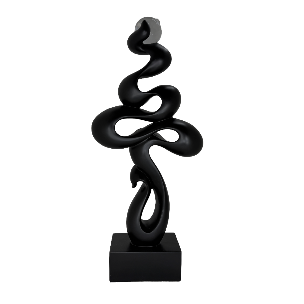 Modern Matte Black Abstract Ribbon Tabletop Sculpture with Clear Glass Orb – Contemporary Minimalist Geometric Statue for Luxury Home and Office Decor