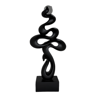 Modern Matte Black Abstract Ribbon Tabletop Sculpture with Clear Glass Orb – Contemporary Minimalist Geometric Statue for Luxury Home and Office Decor