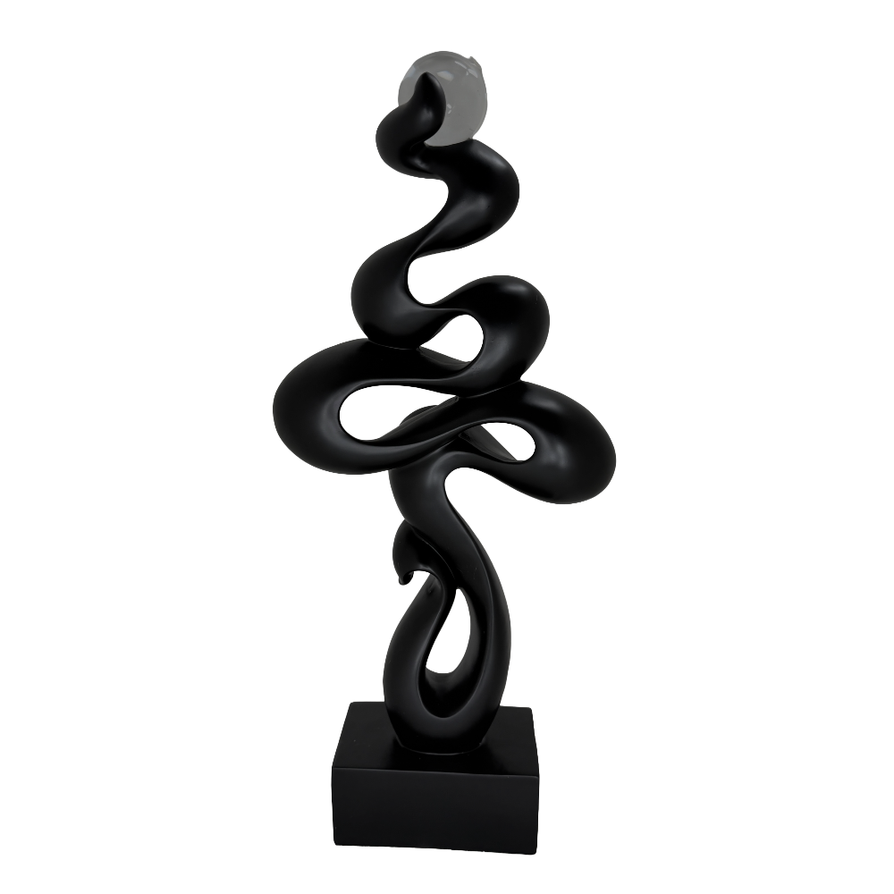 Modern Matte Black Abstract Ribbon Tabletop Sculpture with Clear Glass Orb – Contemporary Minimalist Geometric Statue for Luxury Home and Office Decor