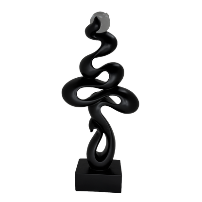 Modern Matte Black Abstract Ribbon Tabletop Sculpture with Clear Glass Orb – Contemporary Minimalist Geometric Statue for Luxury Home and Office Decor