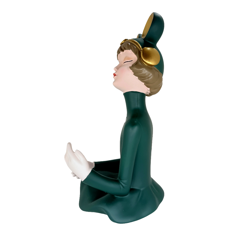 Whimsical Cartoon Girl with Headphones Tabletop Wine Bottle Holder – Decorative Resin Character Statue and Single Bottle Wine Display Cradle for Home Bar and Kitchen