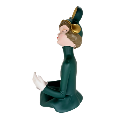 Whimsical Cartoon Girl with Headphones Tabletop Wine Bottle Holder – Decorative Resin Character Statue and Single Bottle Wine Display Cradle for Home Bar and Kitchen