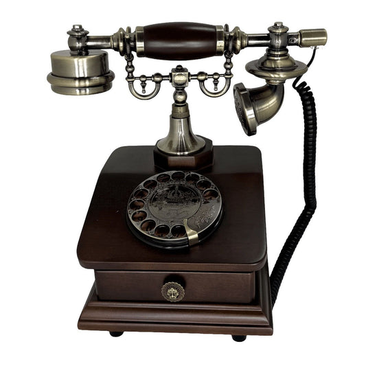 Vintage Luxury Rotary-Style Corded Telephone – Antique Wooden Desktop Landline Phone with Storage Drawer for Home and Office Decor
