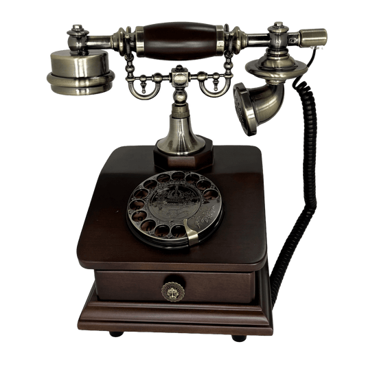 Vintage Luxury Rotary-Style Corded Telephone – Antique Wooden Desktop Landline Phone with Storage Drawer for Home and Office Decor