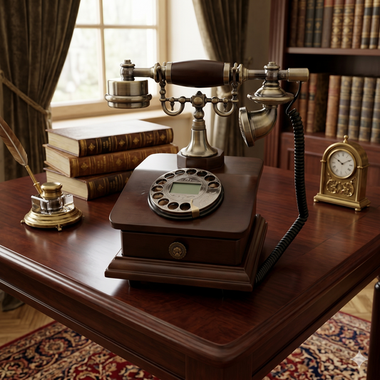 Vintage Luxury Rotary-Style Corded Telephone – Antique Wooden Desktop Landline Phone with Storage Drawer for Home and Office Decor