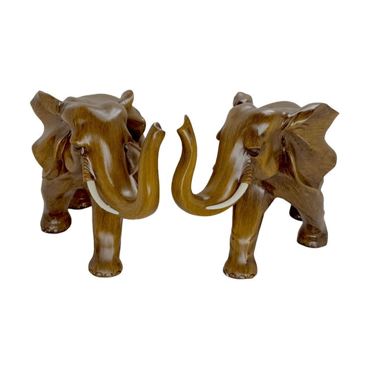 (2pc Set) Majestic Twin Elephants Tabletop Sculpture – Rustic Wood-Grain Style Lucky Elephant Statue Set for Wealth and Home Décor