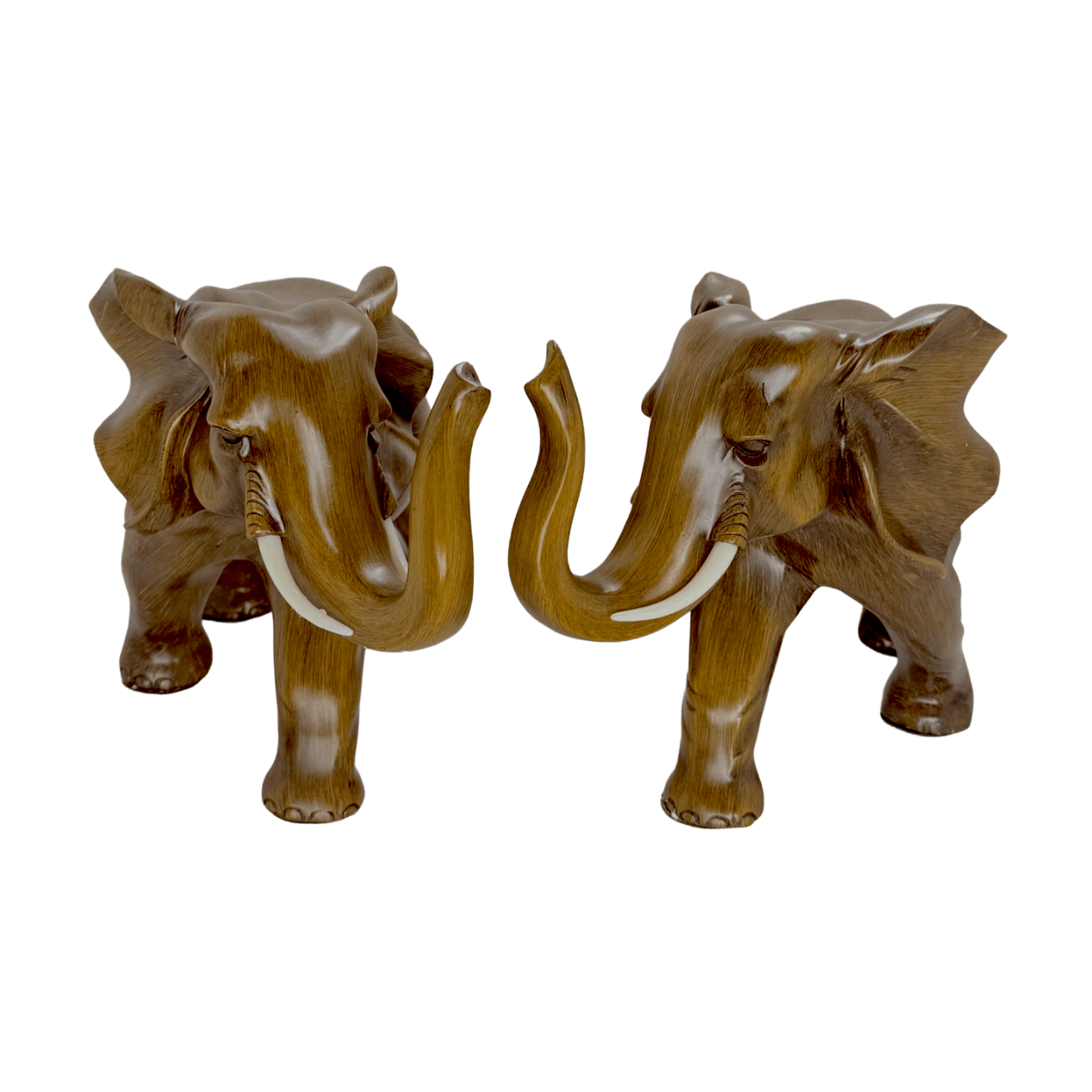 Majestic Twin Elephants Tabletop Sculpture – Rustic Wood-Grain Style Lucky Elephant Statue Set for Wealth and Home Décor