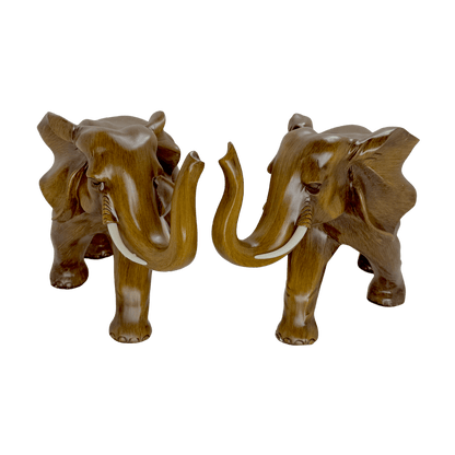 Majestic Twin Elephants Tabletop Sculpture – Rustic Wood-Grain Style Lucky Elephant Statue Set for Wealth and Home Décor