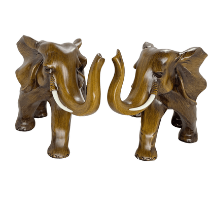 Majestic Twin Elephants Tabletop Sculpture – Rustic Wood-Grain Style Lucky Elephant Statue Set for Wealth and Home Décor