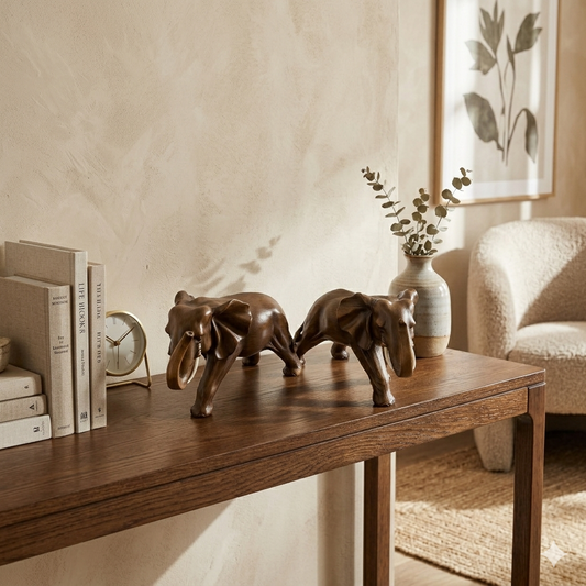 (2pc Set) Majestic Twin Elephants Tabletop Sculpture – Rustic Wood-Grain Style Lucky Elephant Statue Set for Wealth and Home Décor