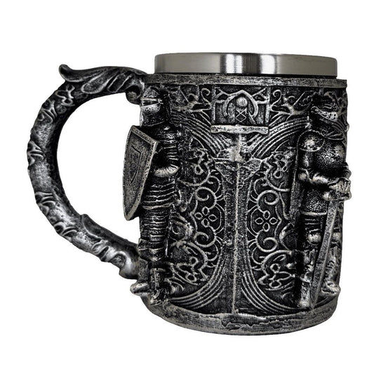 Medieval Knight Embossed Tankard – Gothic Stainless Steel Stein for Fantasy Enthusiasts