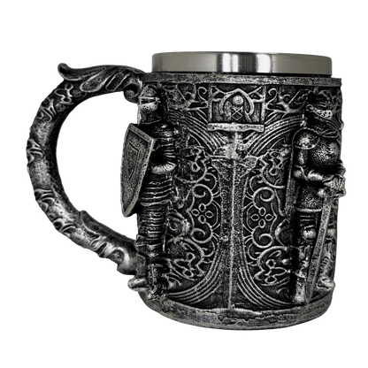 Medieval Knight Embossed Tankard – Gothic Stainless Steel Stein for Fantasy Enthusiasts