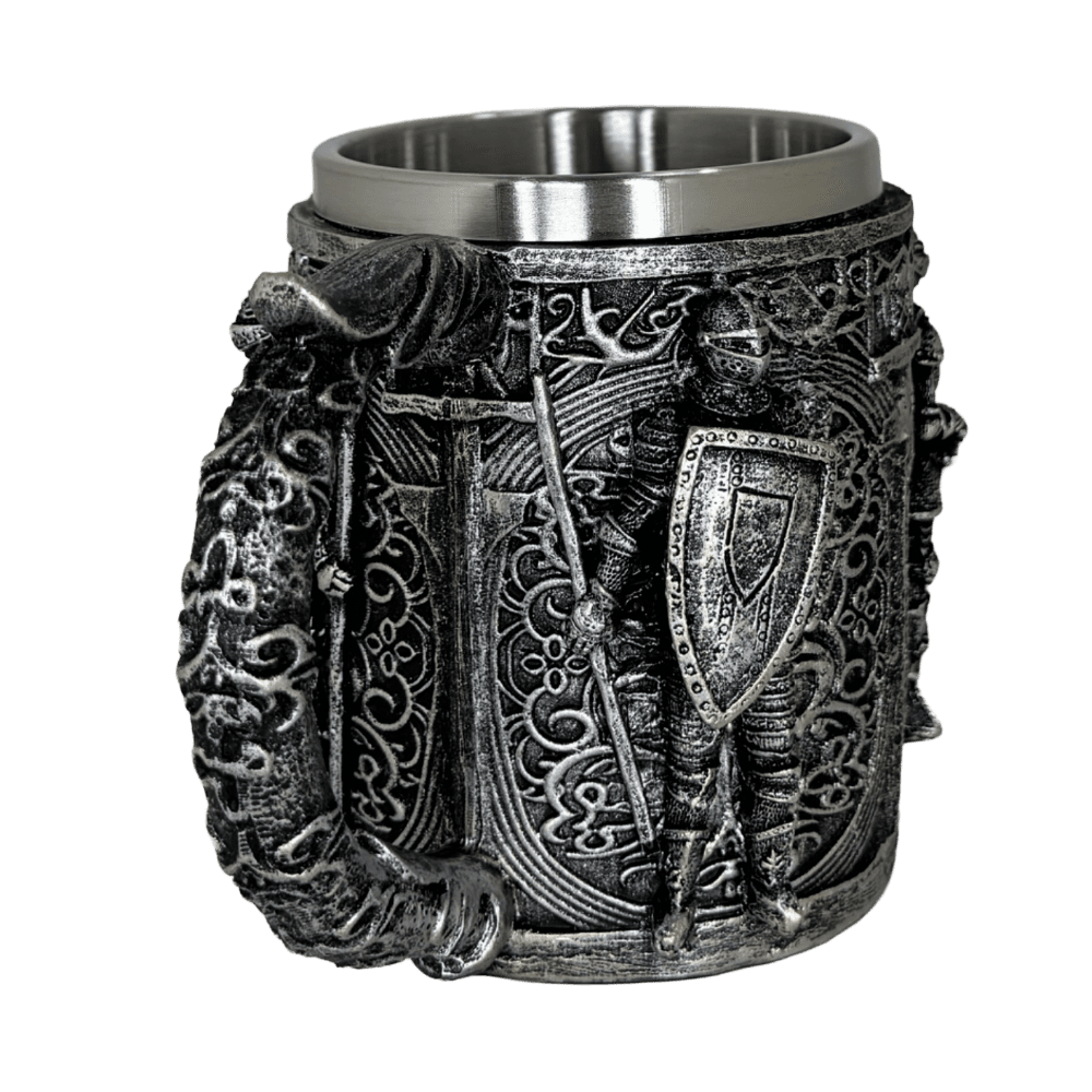 Medieval Knight Embossed Tankard – Gothic Stainless Steel Stein for Fantasy Enthusiasts