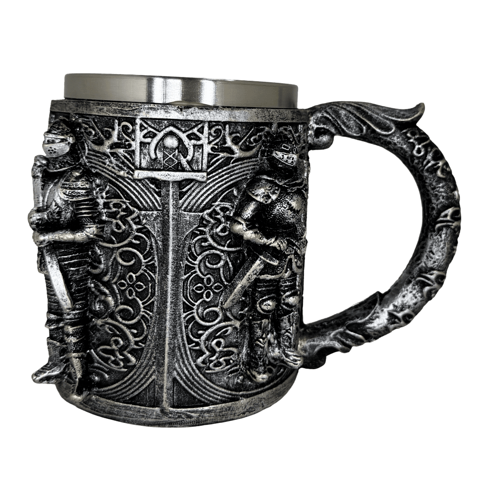 Medieval Knight Embossed Tankard – Gothic Stainless Steel Stein for Fantasy Enthusiasts