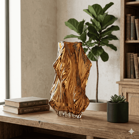 Organic Amber Flow Glass Vase – Sculptural Art Deco Accent Piece