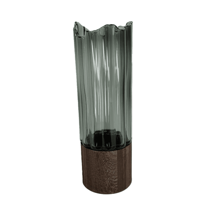 Modern Ribbed Smoke Glass & Wood Vase – Architectural Tabletop Accent