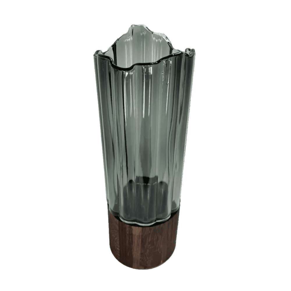 Modern Ribbed Smoke Glass & Wood Vase – Architectural Tabletop Accent