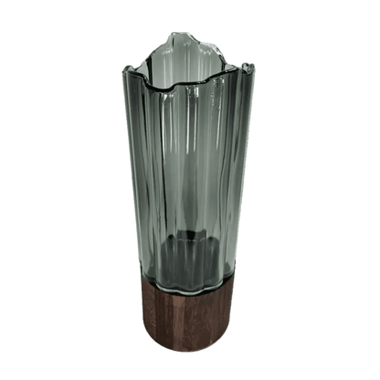 Modern Ribbed Smoke Glass & Wood Vase – Architectural Tabletop Accent