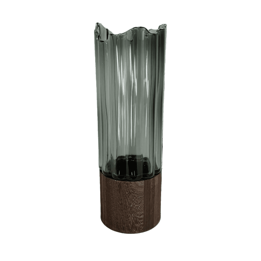 Modern Ribbed Smoke Glass & Wood Vase – Architectural Tabletop Accent