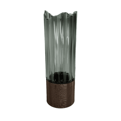 Modern Ribbed Smoke Glass & Wood Vase – Architectural Tabletop Accent