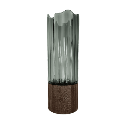 Modern Ribbed Smoke Glass & Wood Vase – Architectural Tabletop Accent