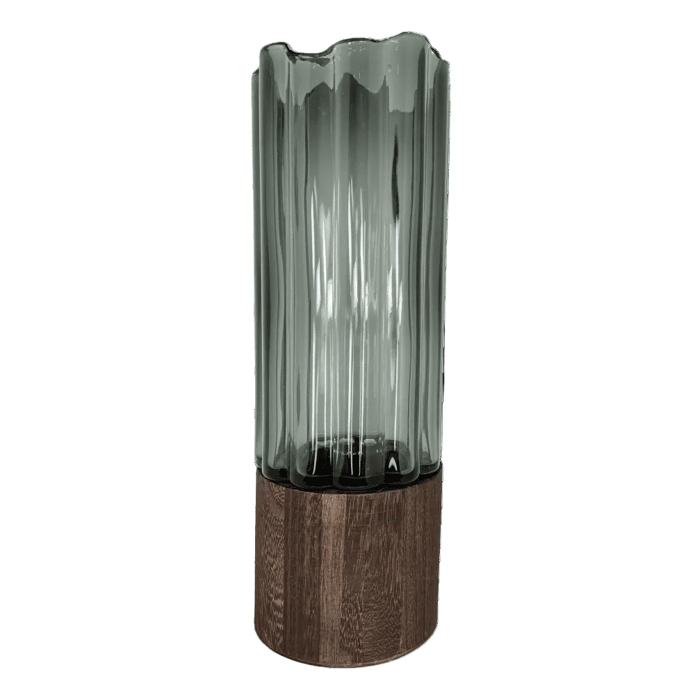 Modern Ribbed Smoke Glass & Wood Vase – Architectural Tabletop Accent