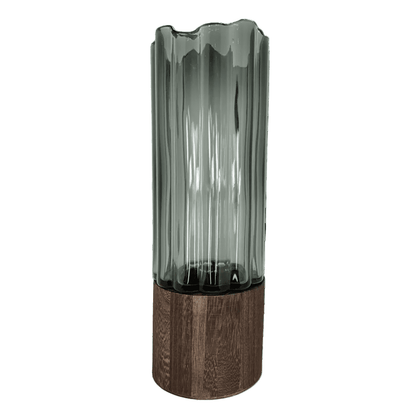 Modern Ribbed Smoke Glass & Wood Vase – Architectural Tabletop Accent