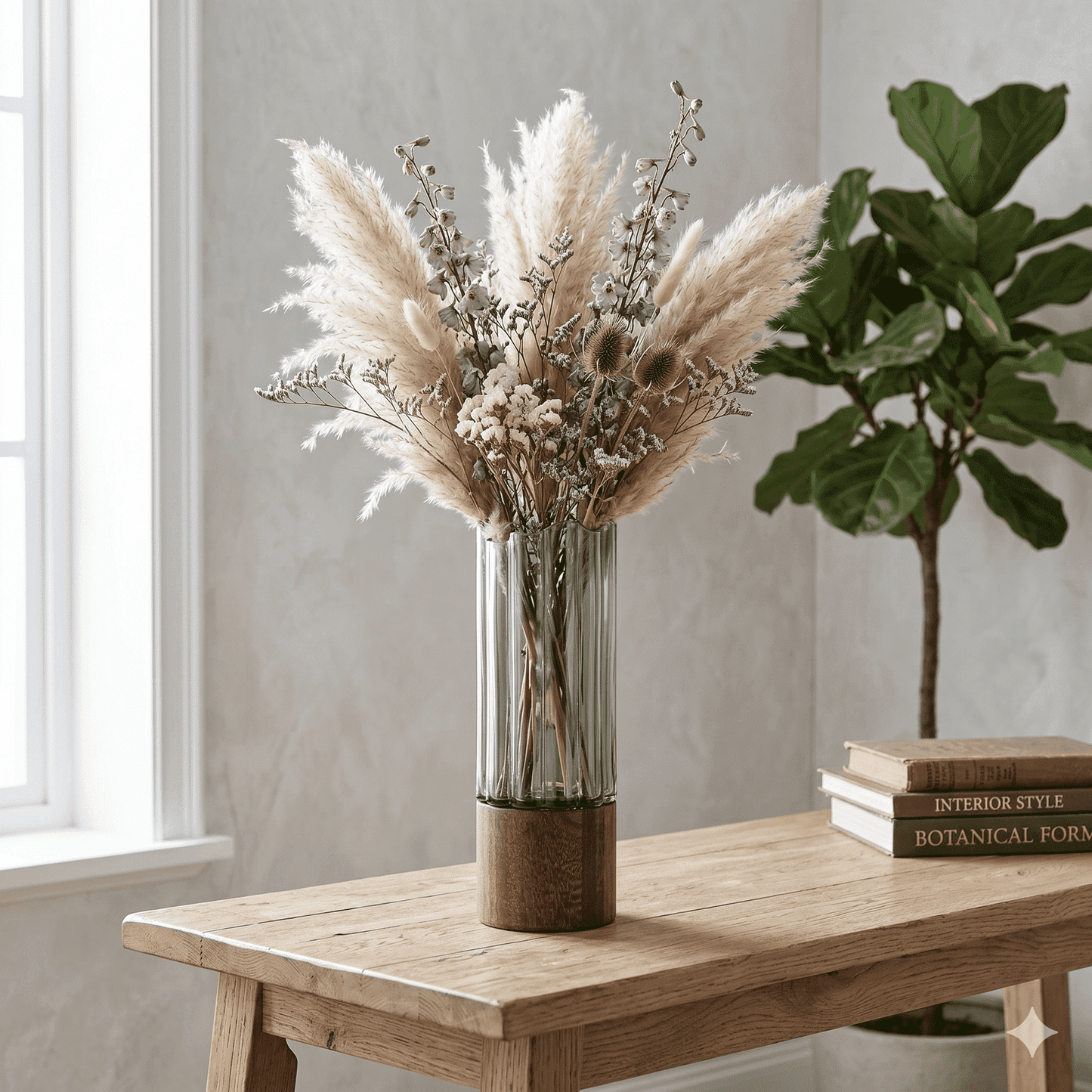 Modern Ribbed Smoke Glass & Wood Vase – Architectural Tabletop Accent