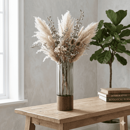 Modern Ribbed Smoke Glass & Wood Vase – Architectural Tabletop Accent
